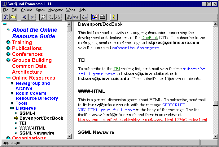 Ukázka zobrazení struktury SGML dokumentu v
prohlížeči Panorama
