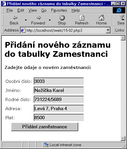 Formulář pro přidání nového záznamu