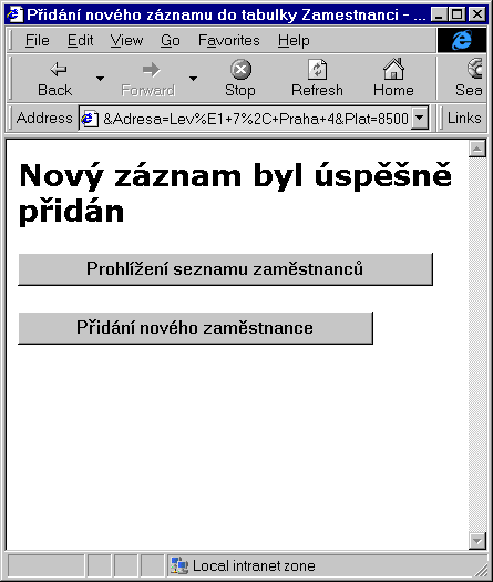 Výstup skriptu pro přidání záznamu