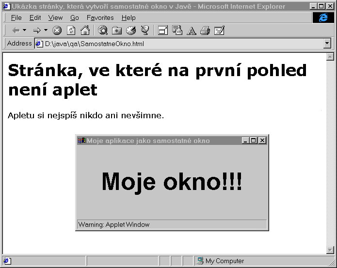 Samostatné javové okno vyvolané z apletu