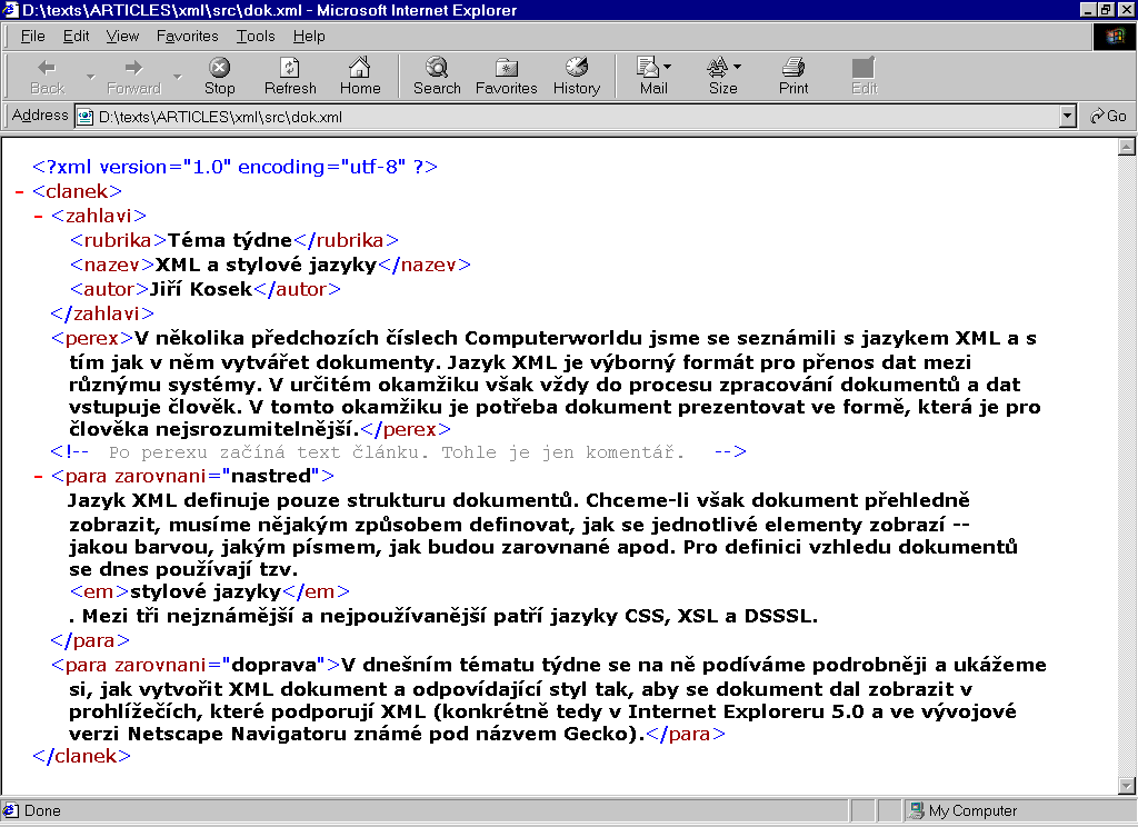Zobrazení XML dokumentu bez
stylu v IE 5.0