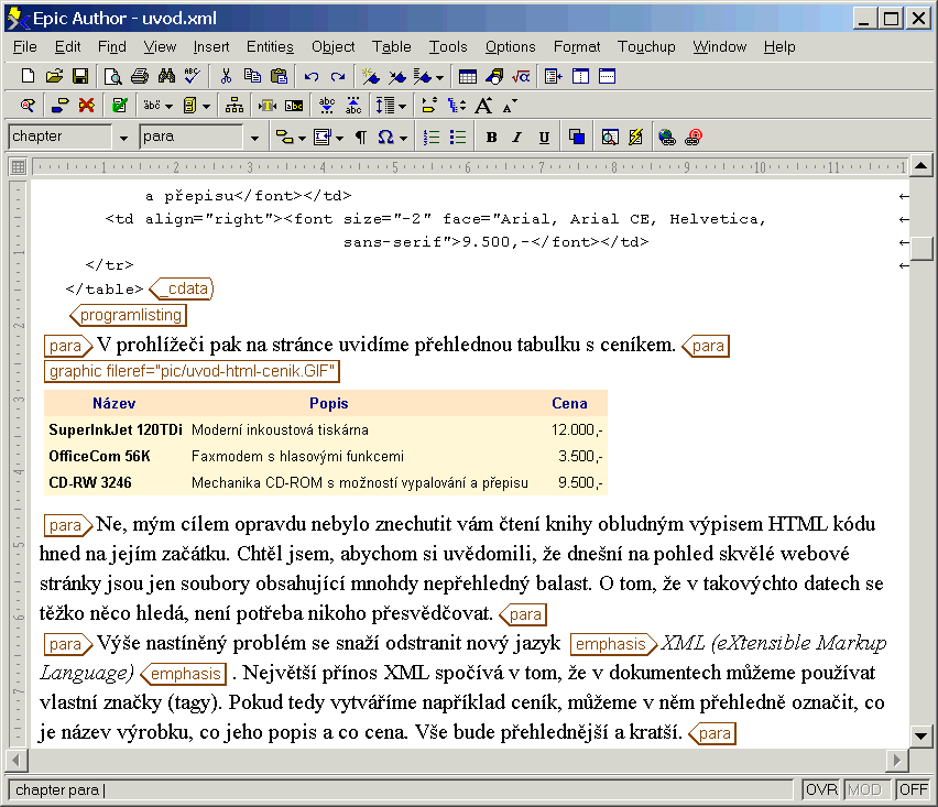 Screenshot of DocBook document edited inside Epic editor.