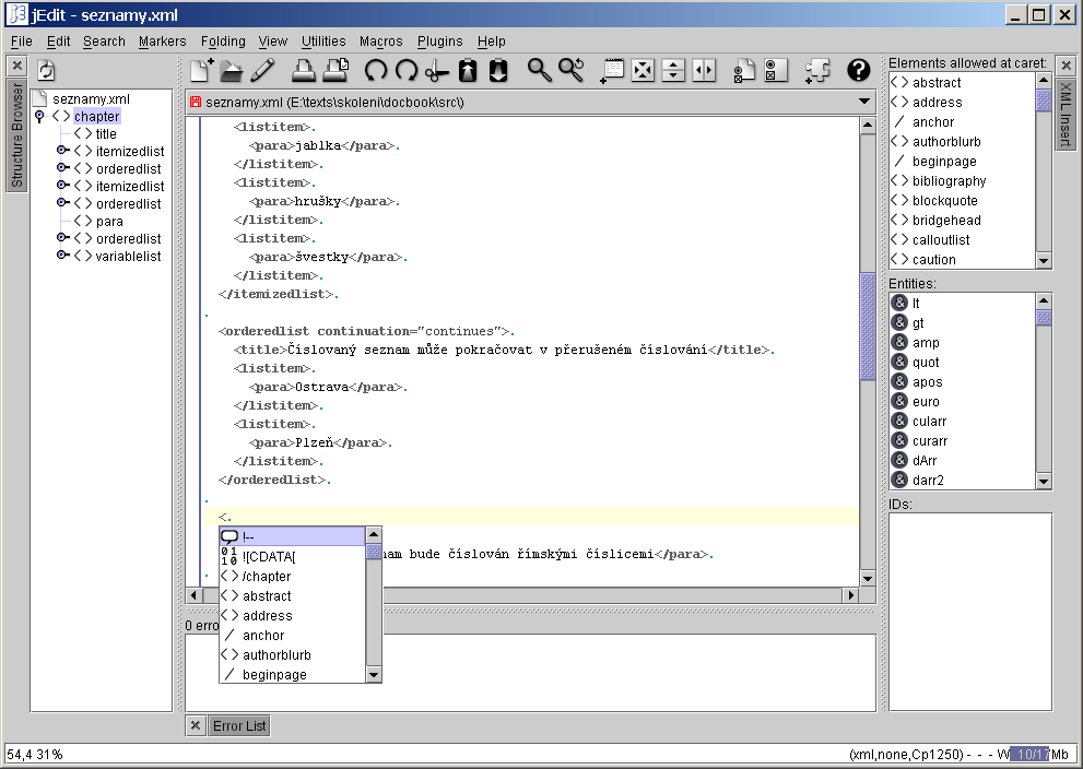jEdit při editování DocBookového dokumentu